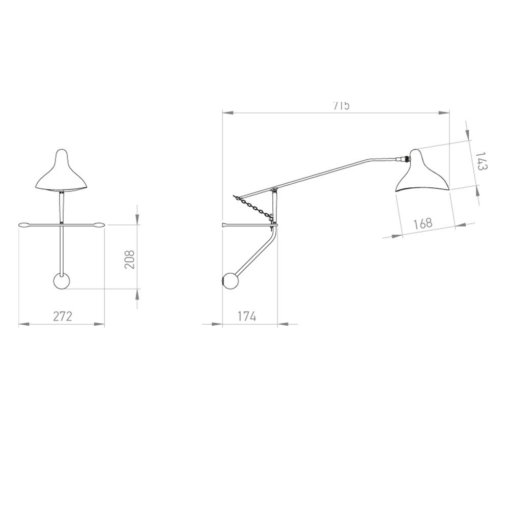 Technische Zeichnung der DCWéditions Mantis BS2 Mini LED Leuchte mit Maßen.