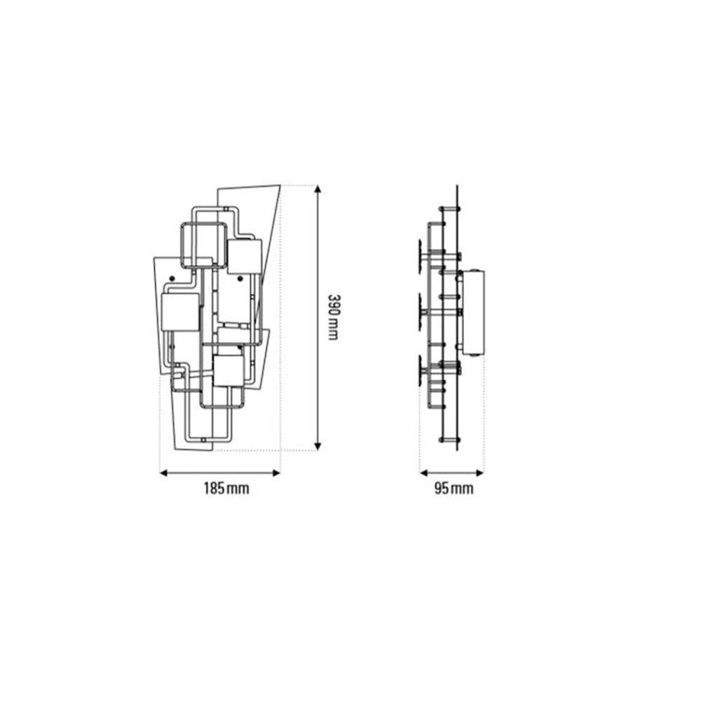 Technische Zeichnung der DCWéditions Map 2 Wandleuchte geometrisch mit Abmessungen 185mm x 95mm x 390mm.