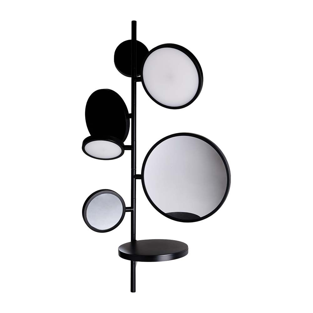 DCWéditions Tell Me Stories LED Wandleuchte mit Spiegeln und Ablagen, modernes Design in mattem Schwarz.