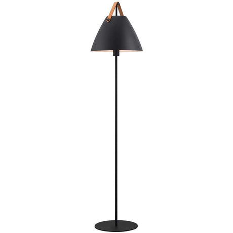 Stehlampe Strap Schwarz in modernem nordischen Design aus Metall und Leder mit Lederriemen.