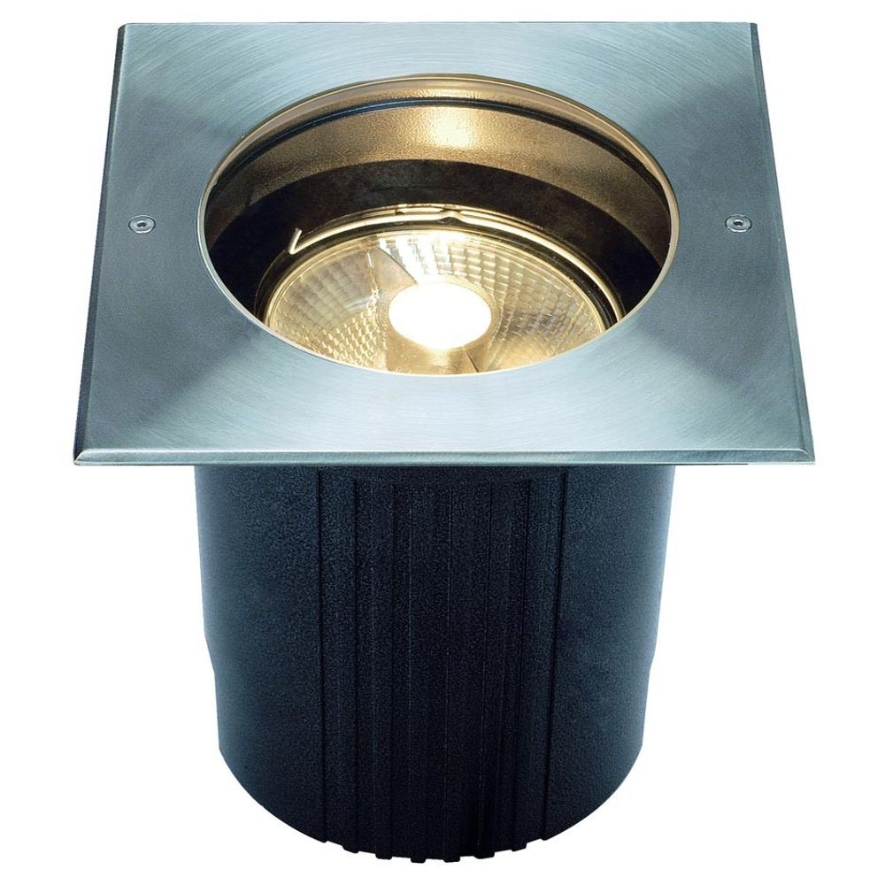 Dasar ES111 Bodeneinbauleuchte eckig Edelstahl 316 max. 75W IP67, quadratische Edelstahlblende und klare Glasabdeckung.