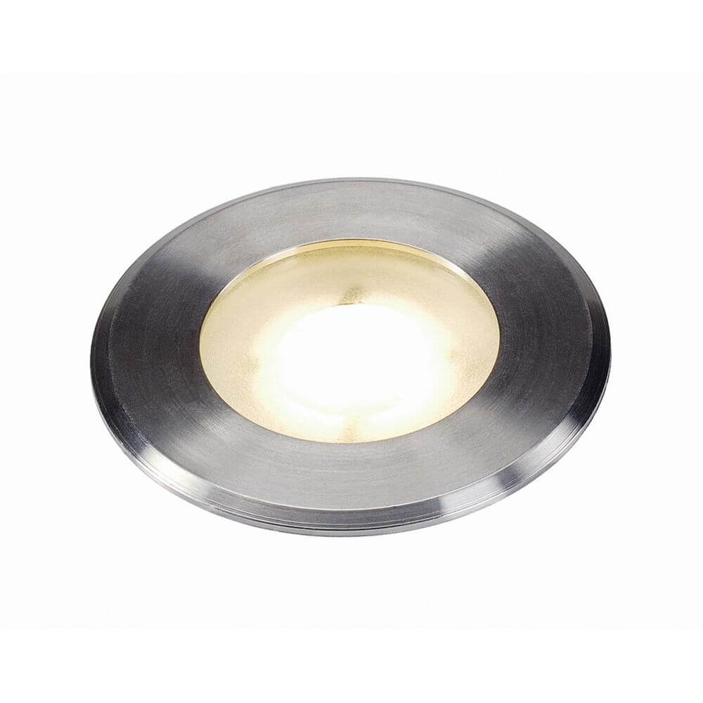 Dasar Flat LED Bodeneinbaustrahler rund mit Edelstahlblende und warmweißem Licht für Außenbereiche