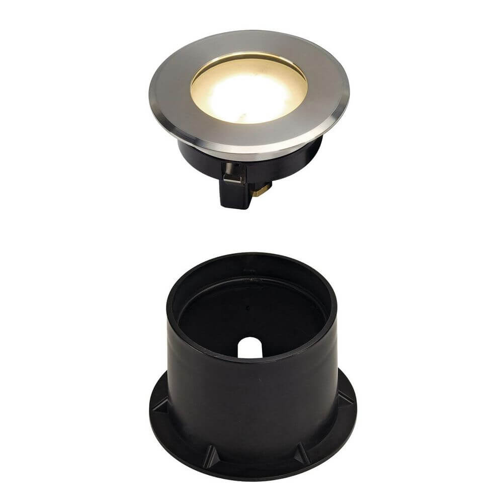 Dasar FLAT LED Bodeneinbaustrahler rund mit Edelstahlblende, ideal für Außenbereich, IP67, einfacher 230V Anschluss.