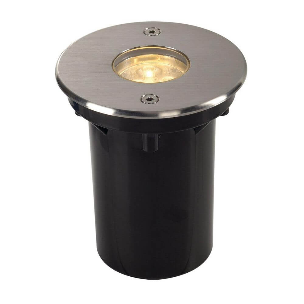 Dasar LED LV Bodeneinbauleuchte Rund Edelstahl 6W 3000K IP67 mit runder Edelstahlblende und Glasabdeckung.