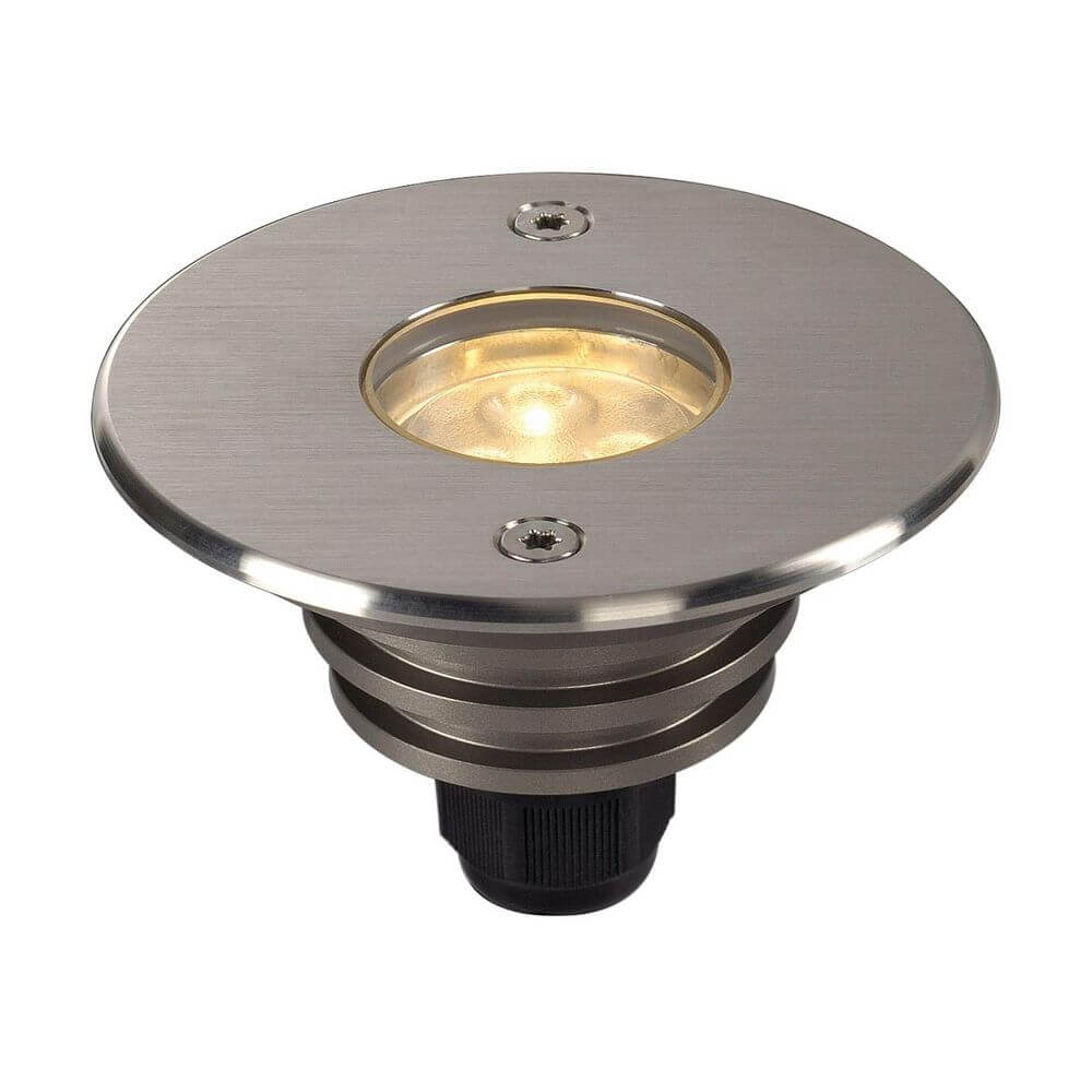 Dasar LED LV Bodeneinbauleuchte Rund Edelstahl 6W 3000K IP67 mit runder Edelstahlblende und warmweißen LEDs.