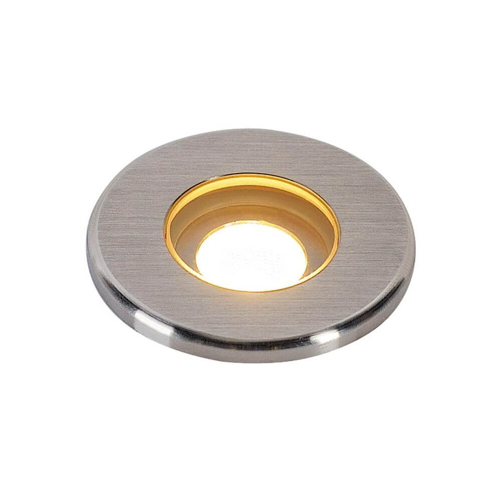 Dasar LED Mini Bodeneinbauleuchte rund Edelstahl 3000K IP67 in elegantem Design mit runder Edelstahl-Abdeckung.