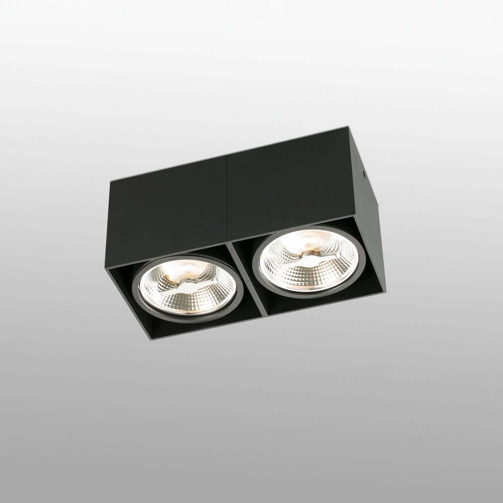 Deckenlampe TECTO 2-flammig Schwarz mit zwei leuchtenden Spots in modernem Design.
