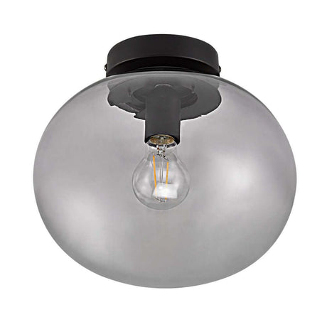 Taklampe Alton 27,5 i røykfarget glass med svart topp og rund form.