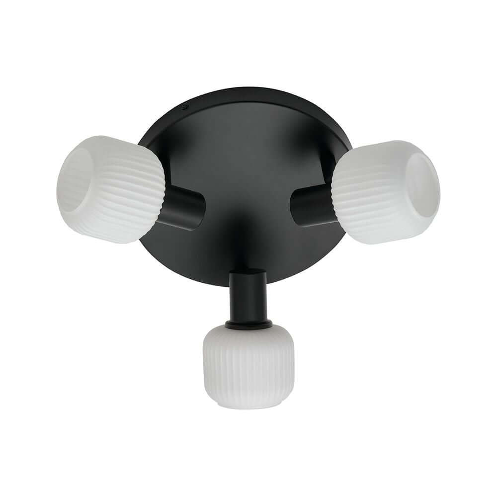 Deckenleuchte Milford Mini 3-Rondel mit opalweißem Glas und schwarzem Metall, modernes Design mit eleganter Ausstrahlung.
