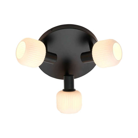 Plafonnier Milford Mini 3-Rondel avec des corps en verre blanc opalin et un design en métal noir.