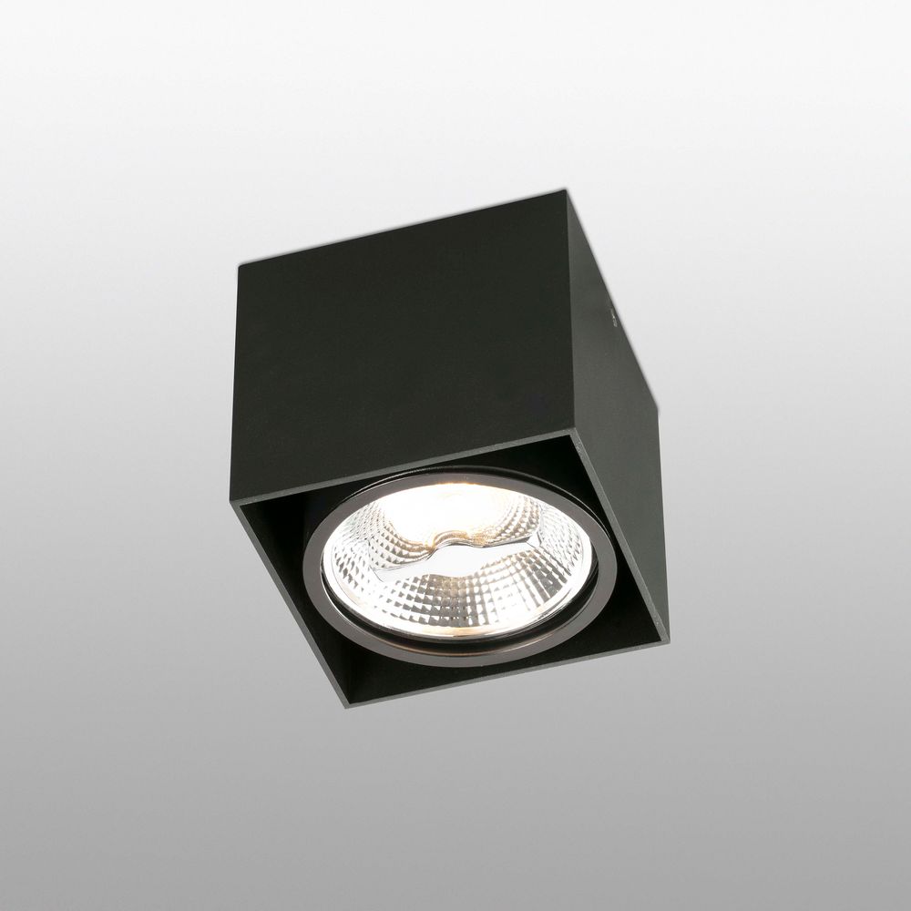 Deckenleuchte TECTO Schwarz in elegantem Design mit quadratischem Gehäuse und strahlendem Licht.