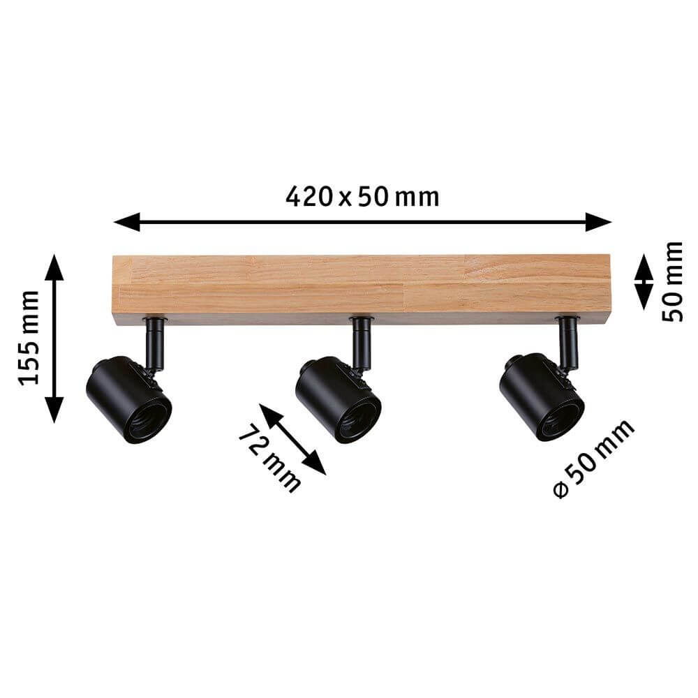Deckenstrahler Arvid 3-flammig Holz Schwarz mit drei schwarzen Spotlights und Holzleiste.