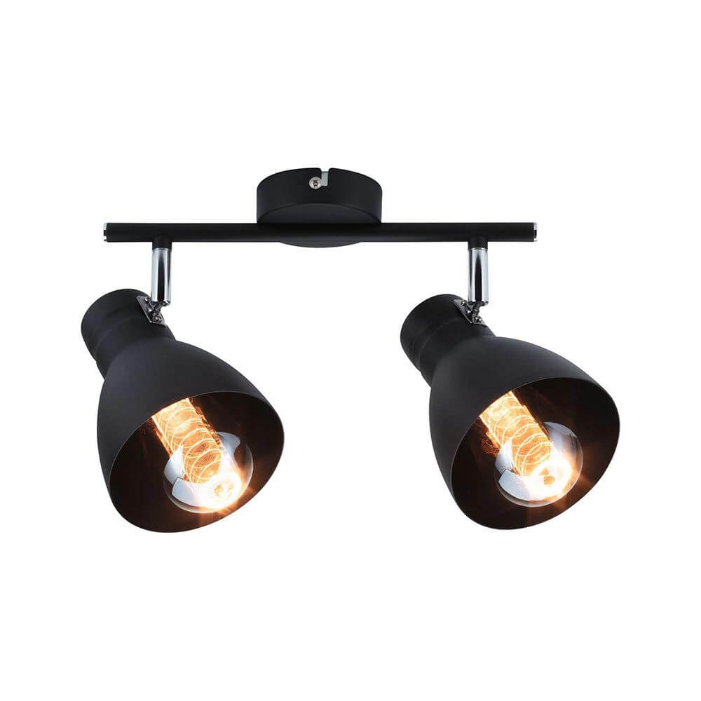 Deckenspot Davy 2-flammig Dimmbar Schwarz mit schwenkbaren Lampenschirmen im Industriedesign.
