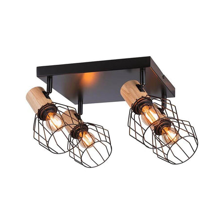 Deckenspot Lanka 4-flammig Schwarz, Holzfarben mit modernem Design und schwenkbaren Lampen.