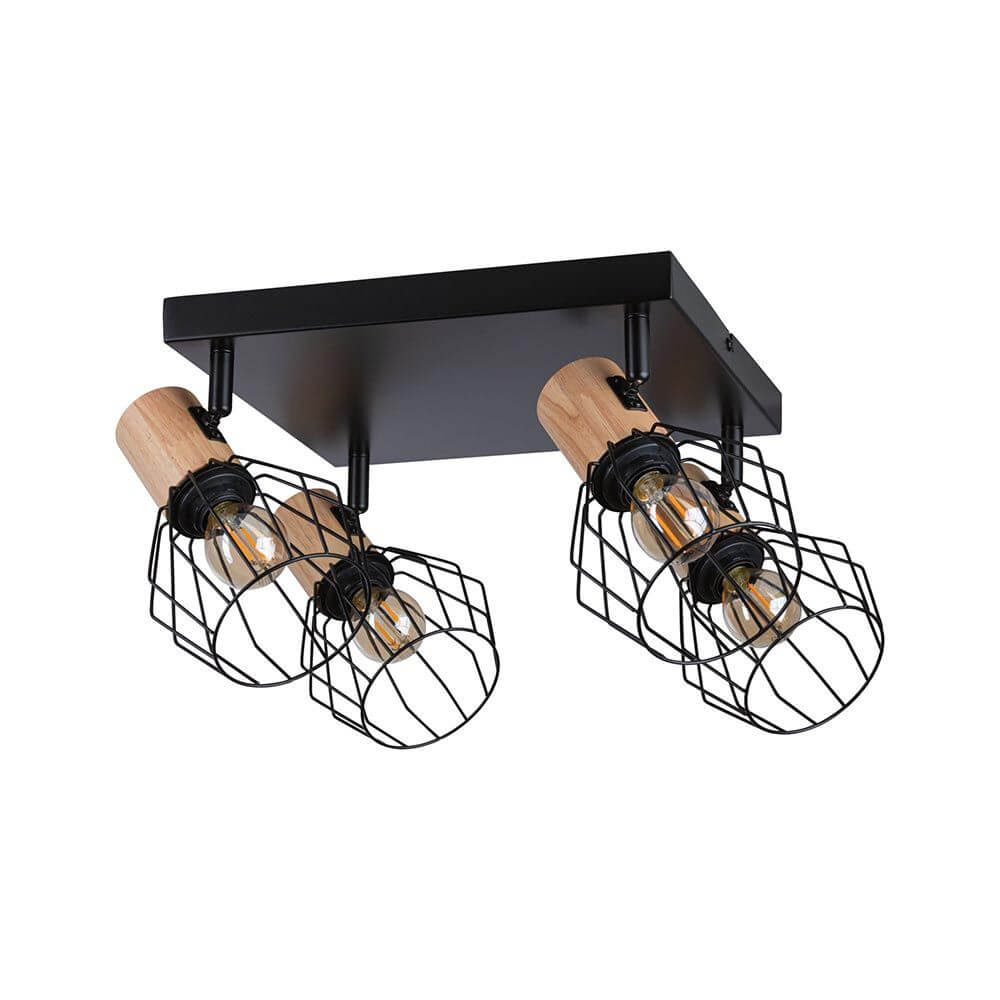 Deckenspot Lanka 4-flammig Schwarz, Holzfarben mit modernem Design und schwenkbaren Leuchten.