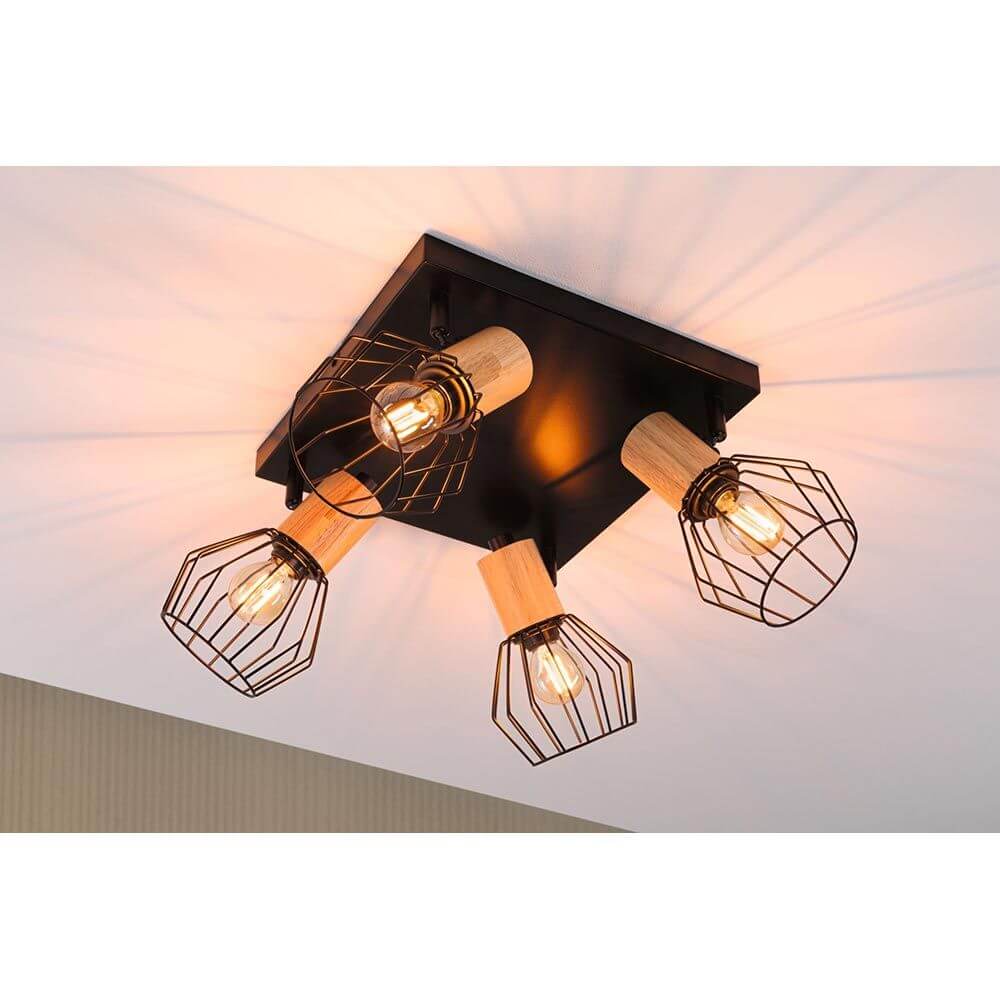 Deckenspot Lanka 4-flammig Schwarz, Holzfarben - moderner Deckenstrahler mit schwenkbaren Spots