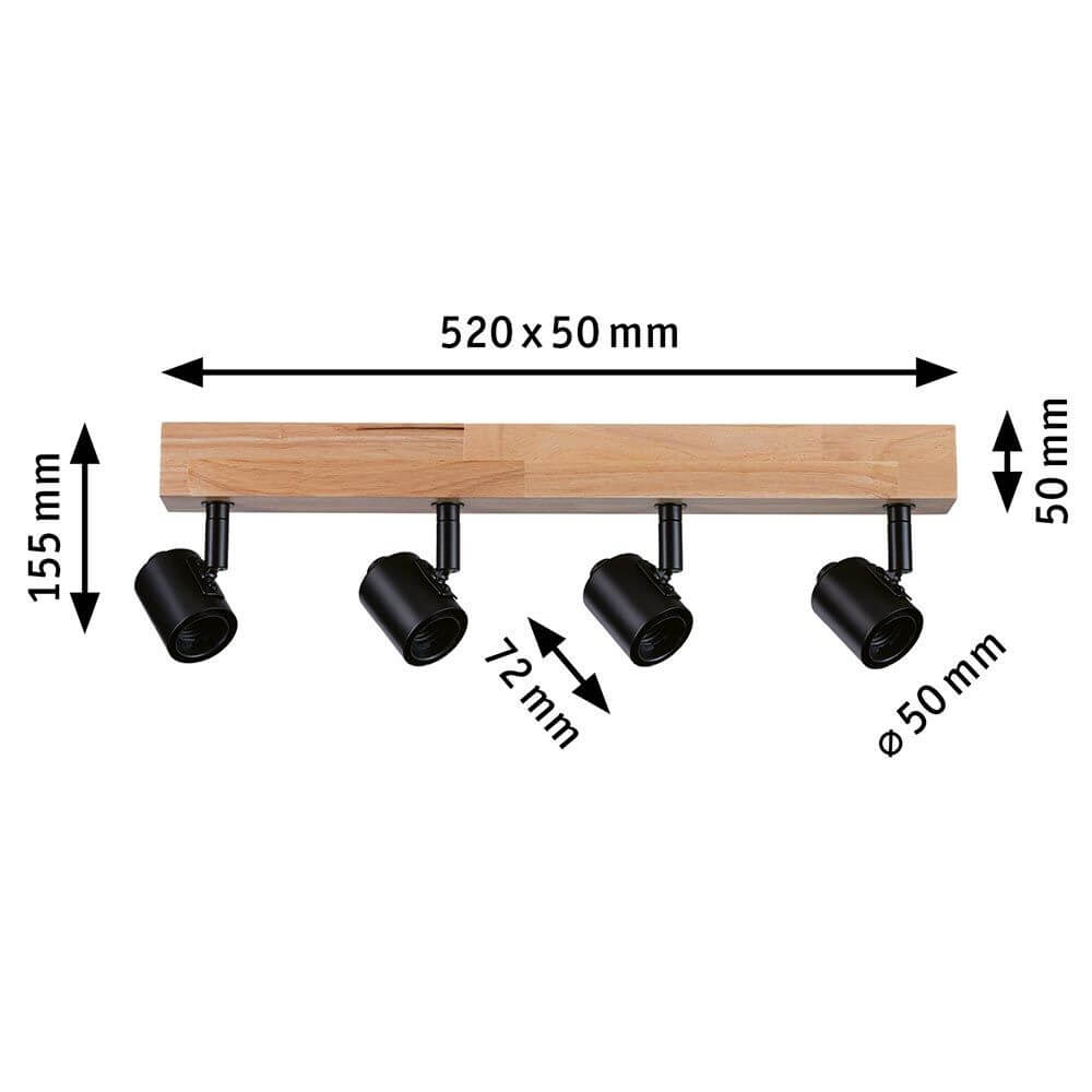 Balkenstrahler Arvid 4-flammig in Schwarz mit Holz-Dach; Maße: 520x50mm, ideal für nordische Beleuchtung.