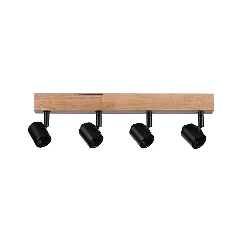 Balkenstrahler Arvid 4-flammig in Schwarz mit Holzunterkonstruktion für nordisches Lichtdesign.