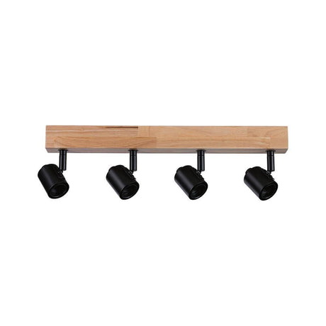 Arvid 4-light beam spotlight black on a wooden base with flexible spotlights.