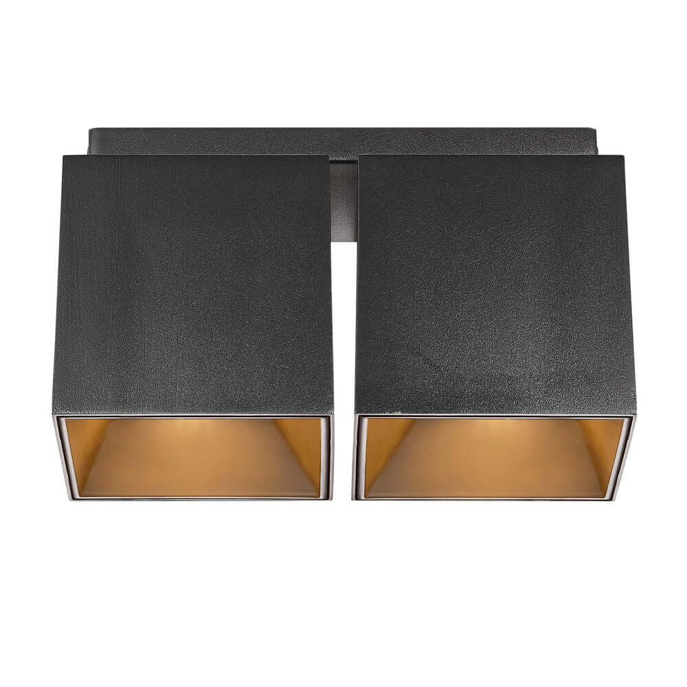 Deckenstrahler Ethan 2-Spot in quadratischem Design mit zwei Spots und schwarzen sowie goldenen Reflektoren.