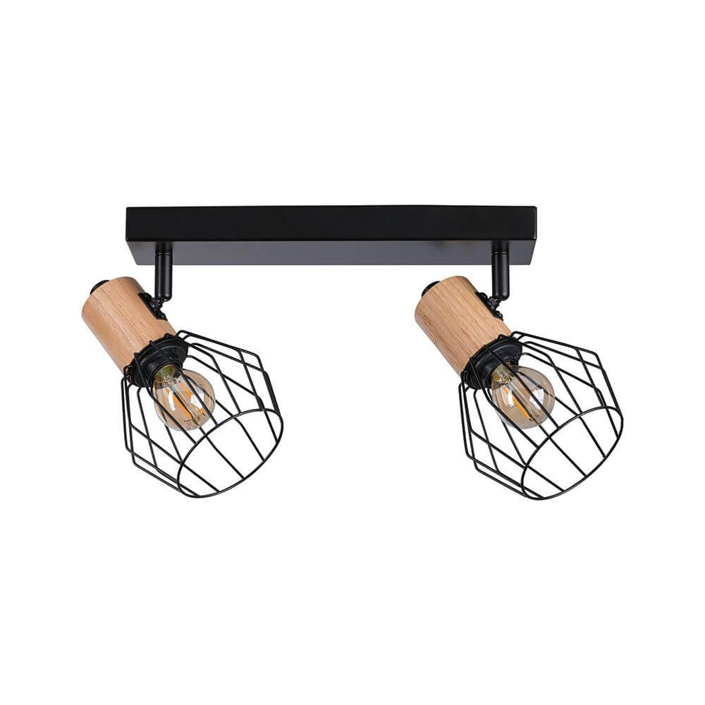 Deckenstrahler Lanka 2-flammig mit modernem Schwarz-Holz-Design und schwenkbaren Köpfen für gezielte Beleuchtung.