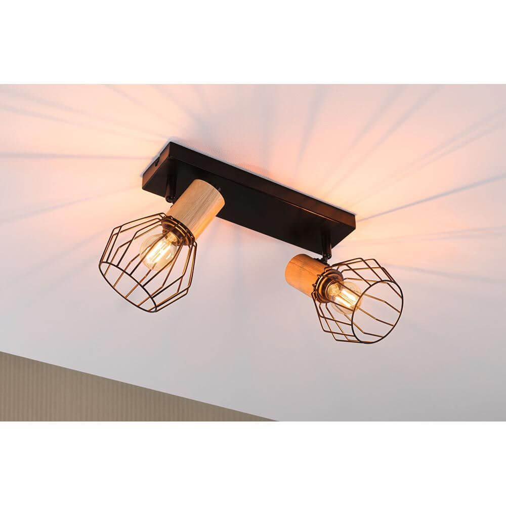 Deckenstrahler Lanka 2-flammig mit modernem Schwarz-Holz-Design und schwenkbaren Spotlights.