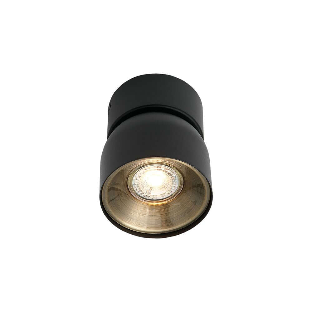 Deckenstrahler Pitcher in elegantem Schwarz mit goldener Innenseite und hellem Licht.