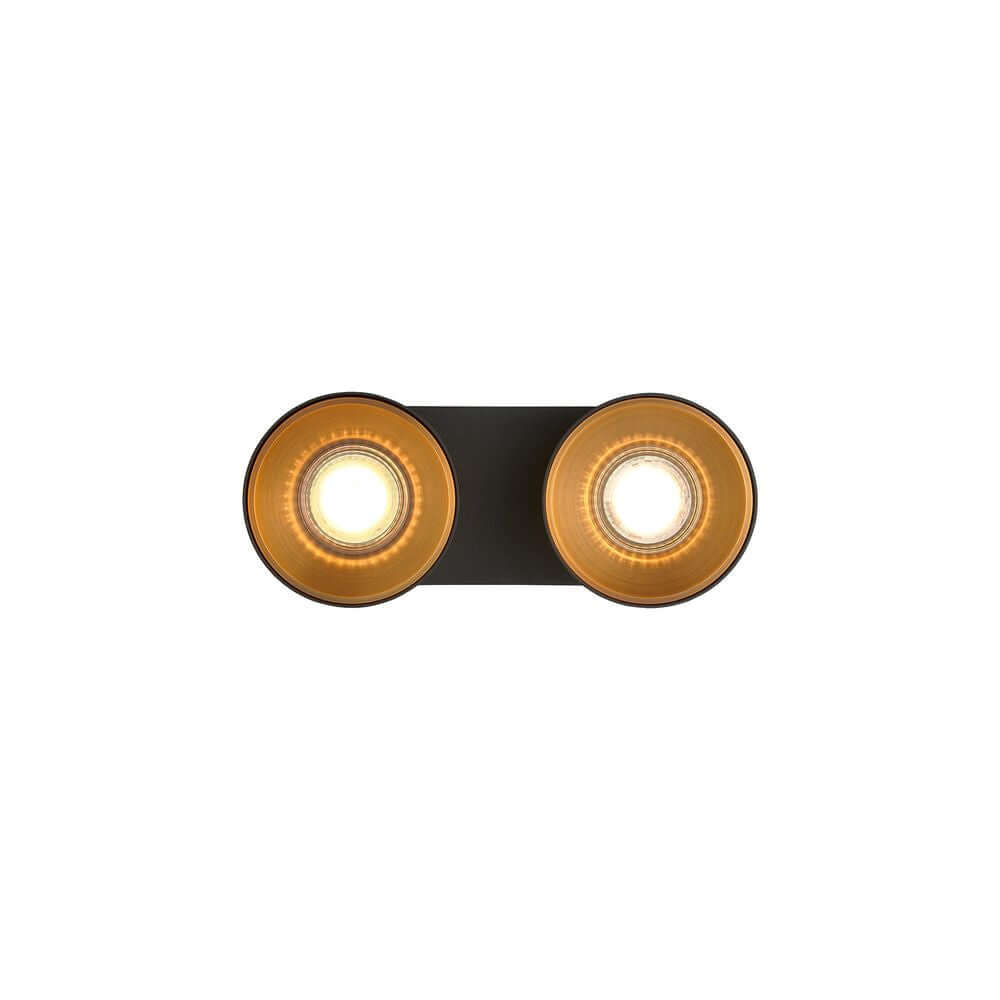 Deckenstrahler Pitcher 2-Spot mit zwei runden Leuchten in Schwarz und Gold, ideal für moderne Innenbeleuchtung.