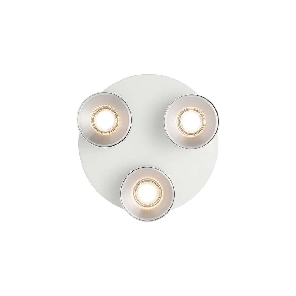 Deckenstrahler Pitcher 3-Rondel mit drei runden Lichtquellen auf einer weißen Deckenplatte.