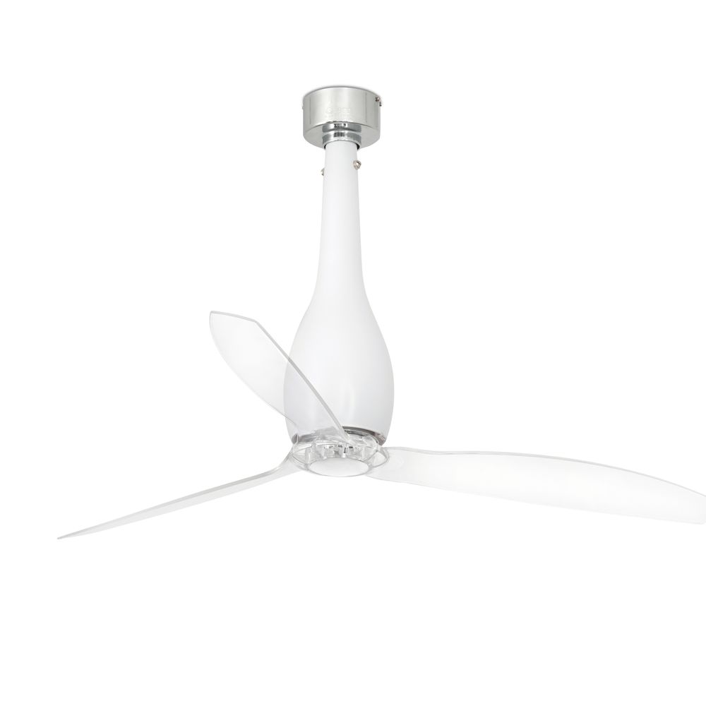 Deckenventilator ETERFAN Weiß, Transparent an der Decke montiert mit drei transparenten Blättern.