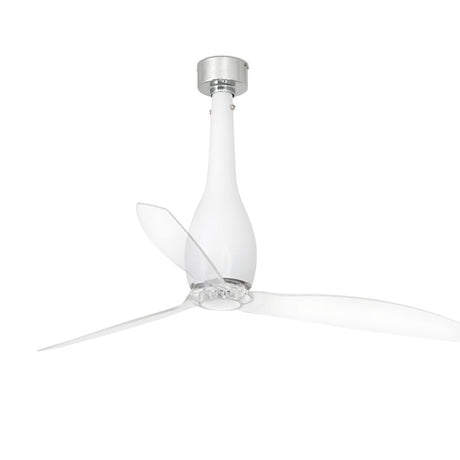 Ceiling fan ETERFAN White, Transparent mounted on the ceiling with three transparent blades.