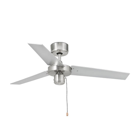 Ceiling fan FACTORY brushed aluminum, grey-black with three blades and pull switch.