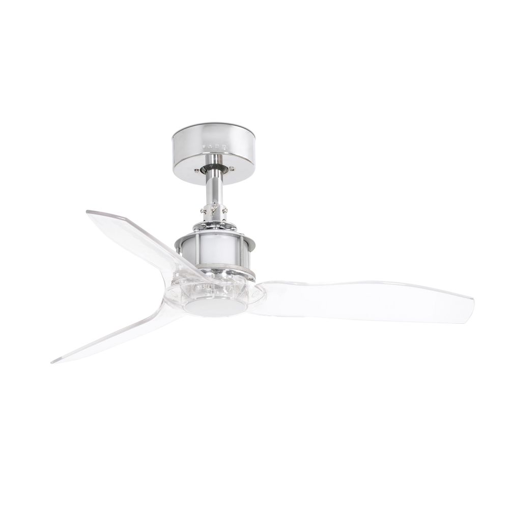 Deckenventilator JUST FAN XS Ø 91cm Flügel Chrom, Transparent mit drei durchsichtigen Blättern.