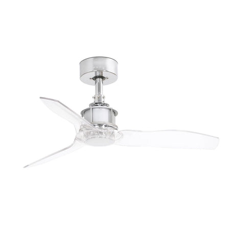 JUST FAN XS ceiling fan Ø 91 cm blades, chrome, transparent with three transparent blades.