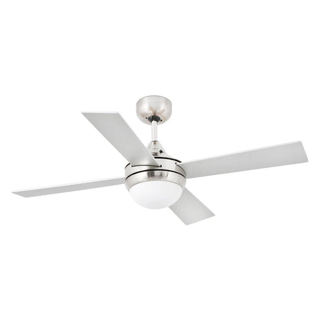 MINI ICARIA ceiling fan in matte nickel, grey maple with modern blades and integrated lighting.