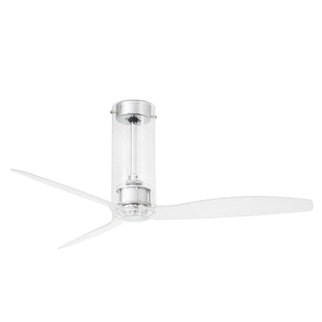 Deckenventilator TUBE FAN Chrom, Transparent mit transparenten Blättern und modernem Design.