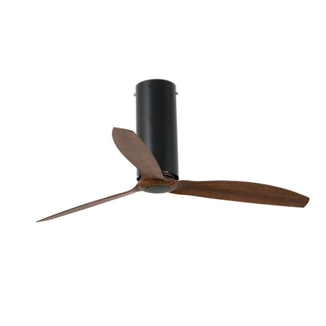 Deckenventilator TUBE FAN Schwarz, Walnuss mit drei Holzblättern und schwarzem Motor.