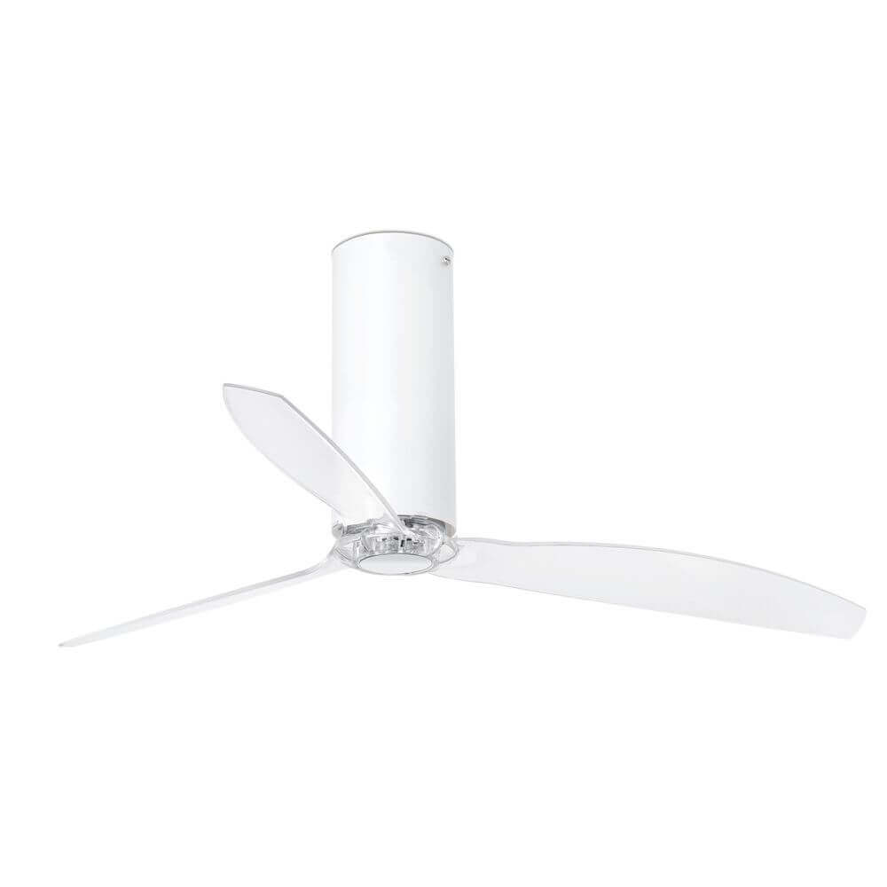 Deckenventilator TUBE FAN Weiß, Transparent mit transparenten Blättern für modernes Wohndesign.