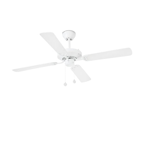 Deckenventilator YAKARTA Weiß, Weiß-Ahorn mit 4 weißen Blättern und drehbarem Antrieb.