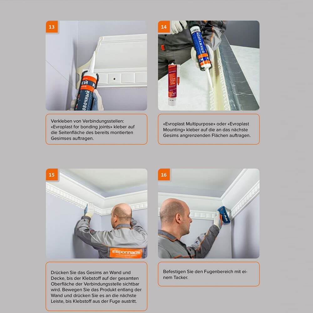 Anleitung zur Anbringung von Stuckleisten mit Kleber und Montagehilfen in verschiedenen Schritten.