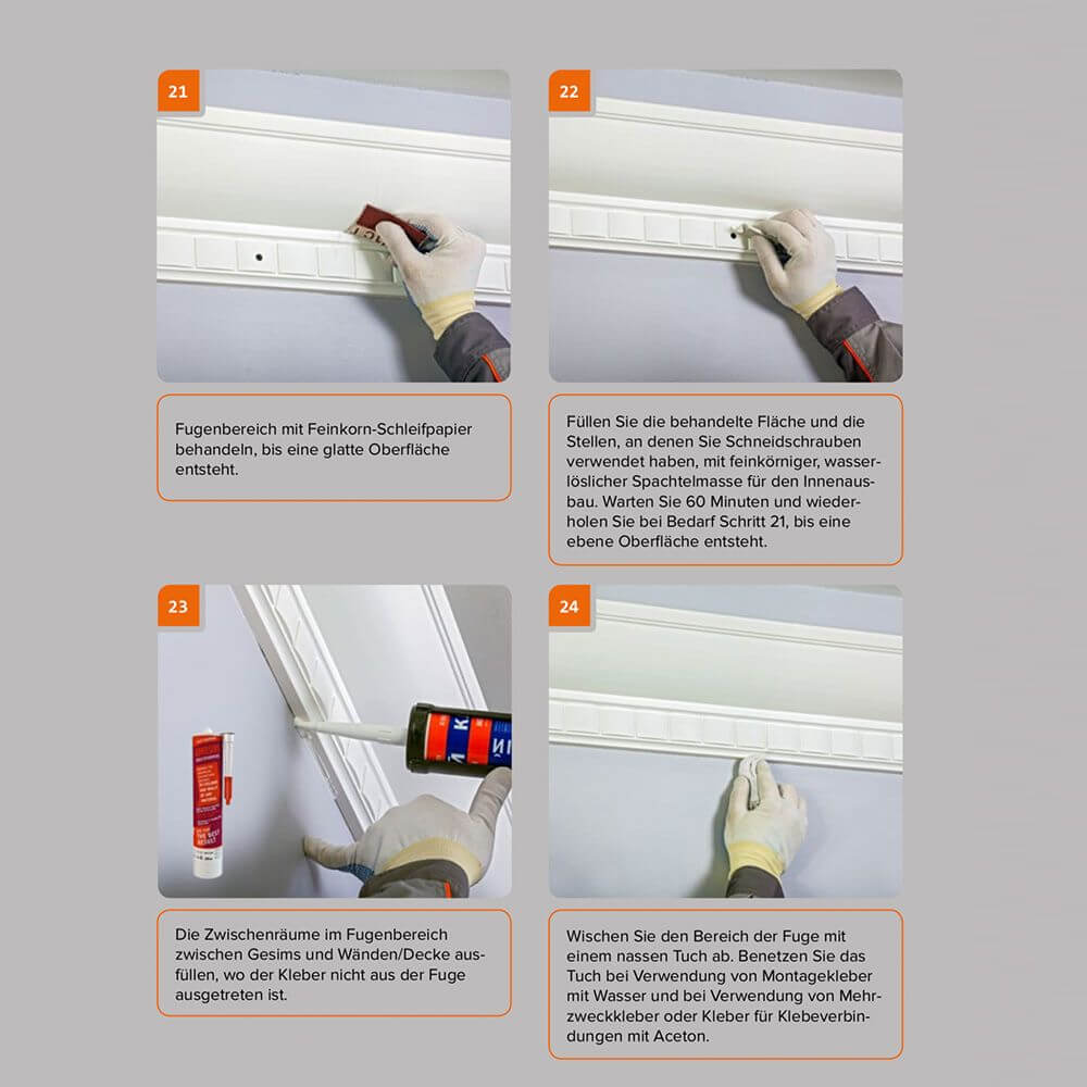 Anleitung zur Installation von Stuckleisten: Schleifen, Füllen und Kleben verschiedener Fugenbereiche.