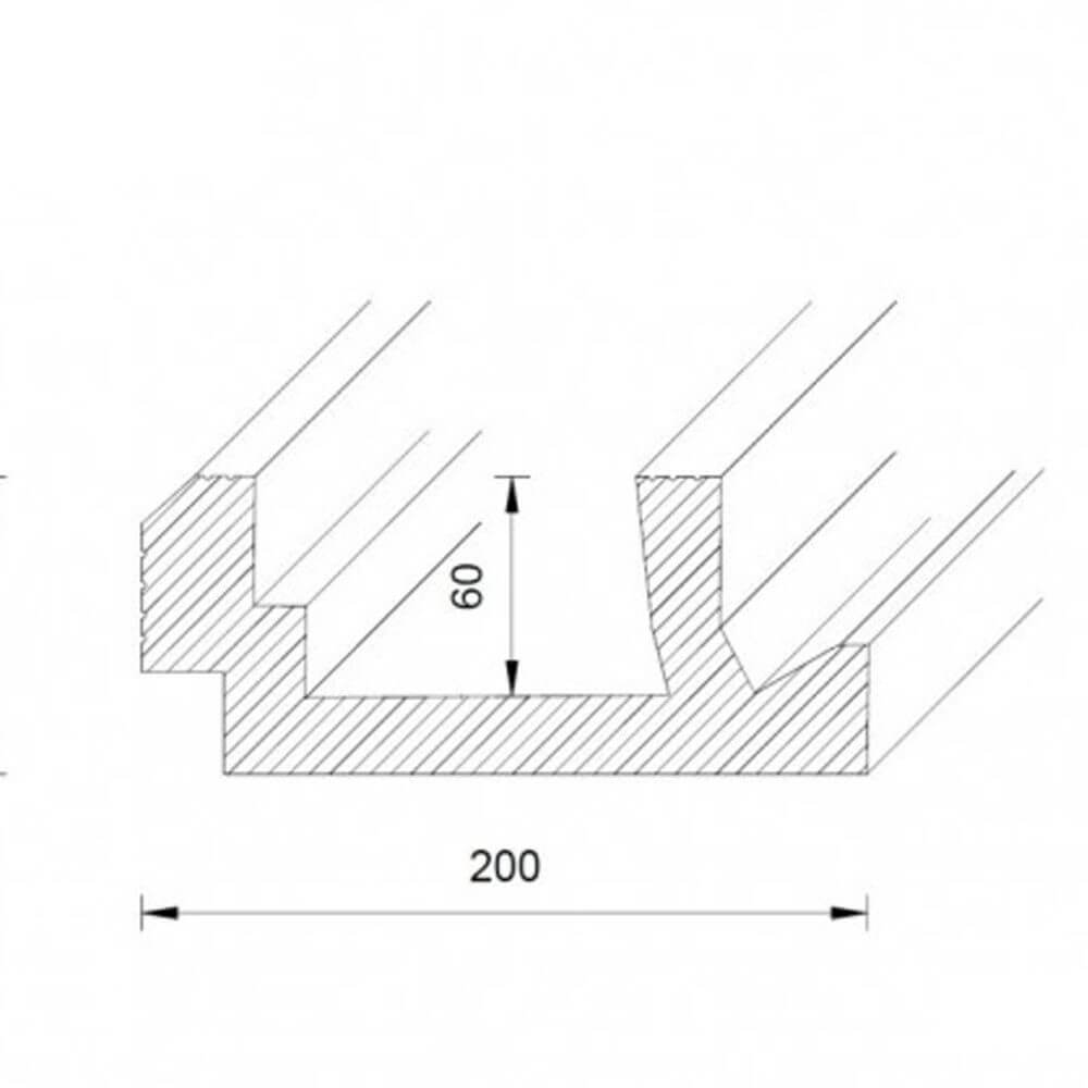 Detailzeichnung des Musterstücks für Dekor-Profil L Stuckleiste mit Maßen 20cm und 60mm.