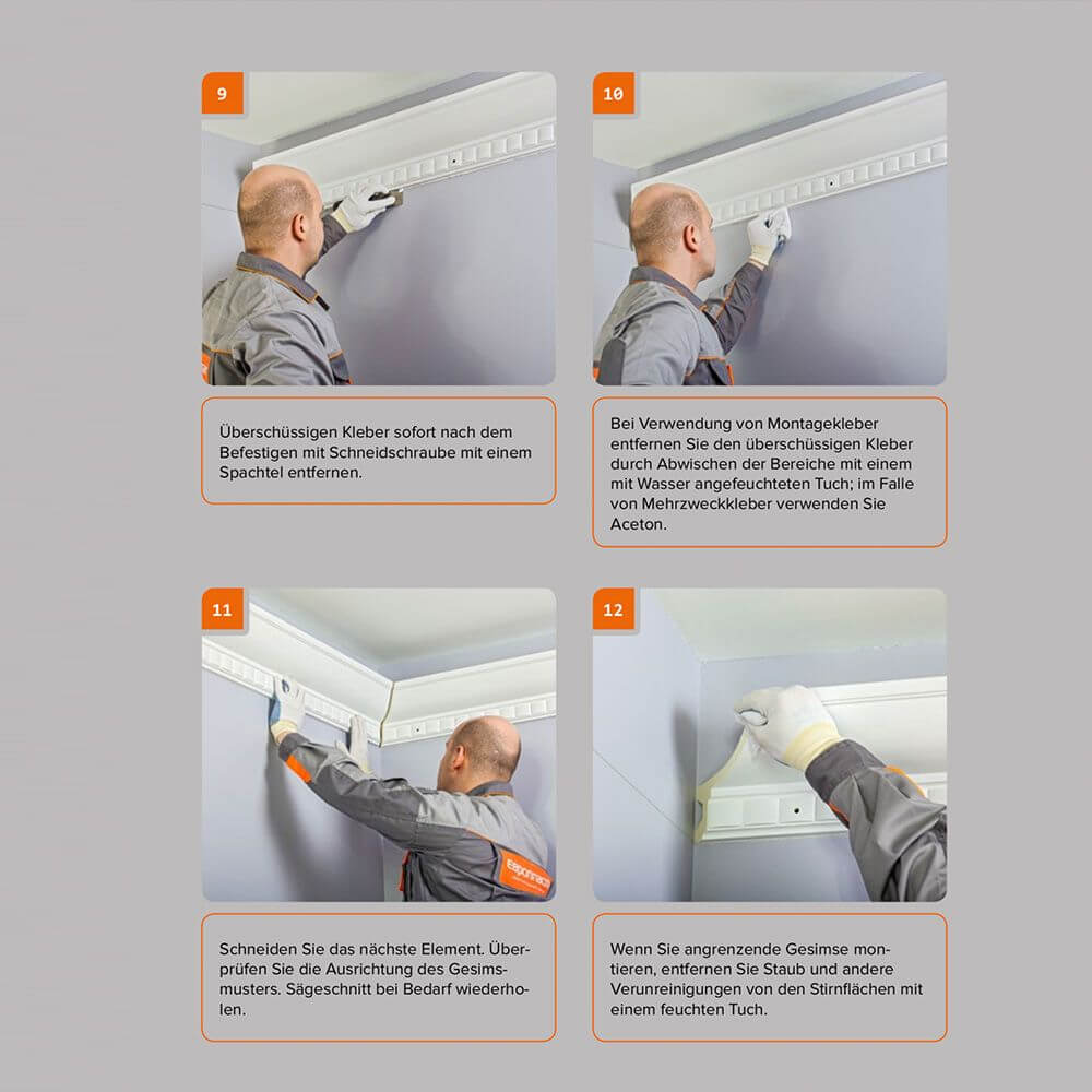 Anleitung zur Montage der Dekor-Profil M Stuckleiste 1,2 m indirekt Wand oder Decke in vier Schritten.
