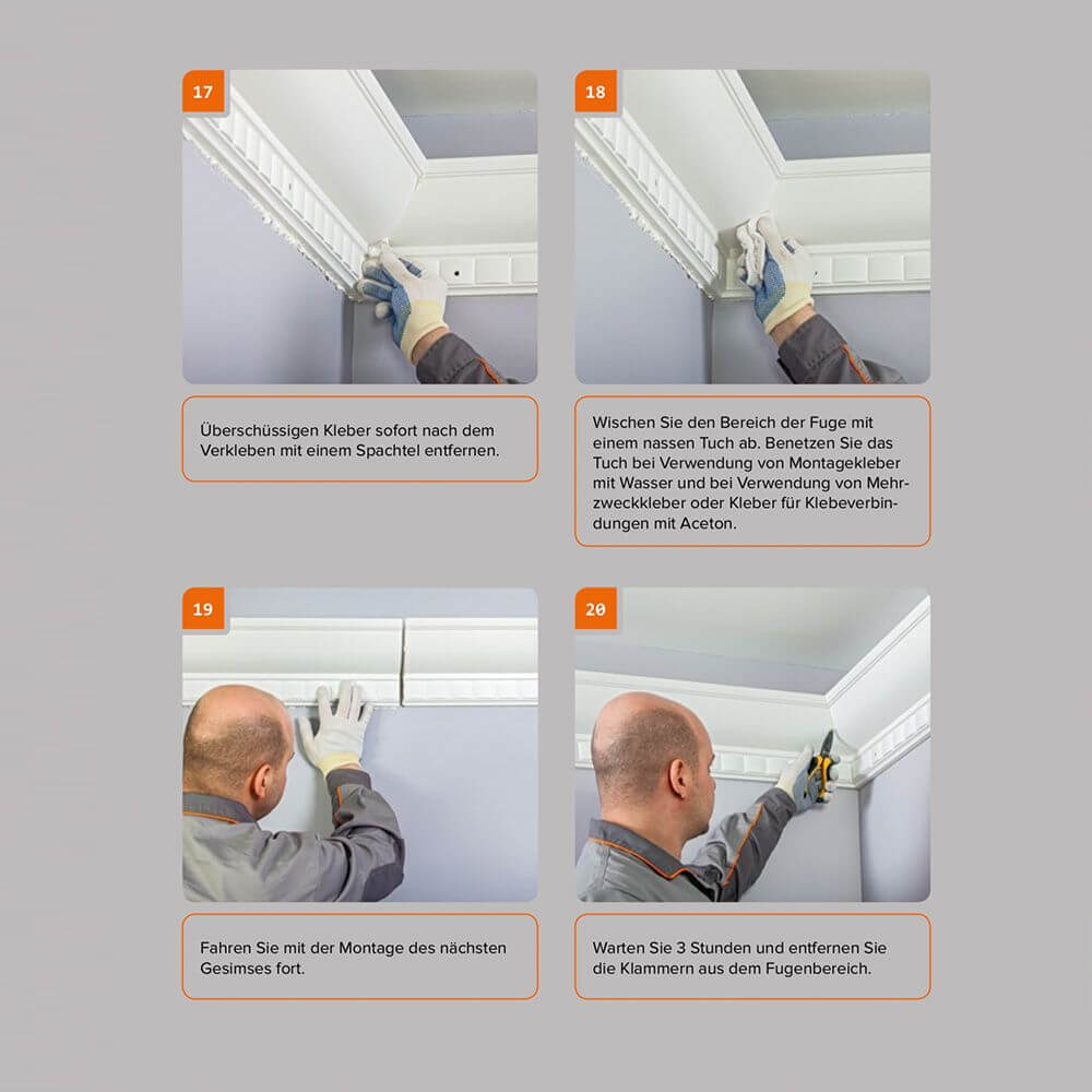 Schritt-für-Schritt Anleitung zur Montage der Dekor-Profil M Stuckleiste 1,2 m indirekt Wand oder Decke.