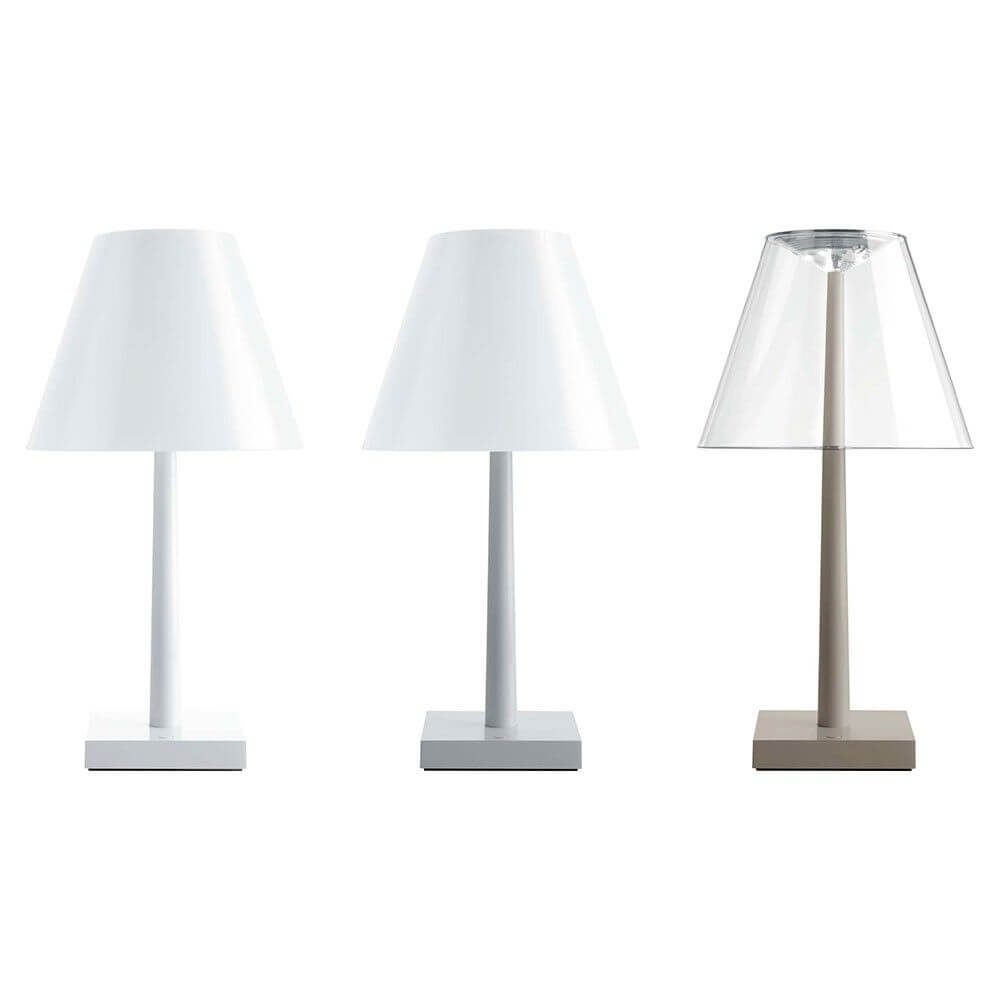 Rotaliana Dina+ Akku LED-Tischleuchte in Weiß und transparent, moderne Designleuchten für jeden Raum.