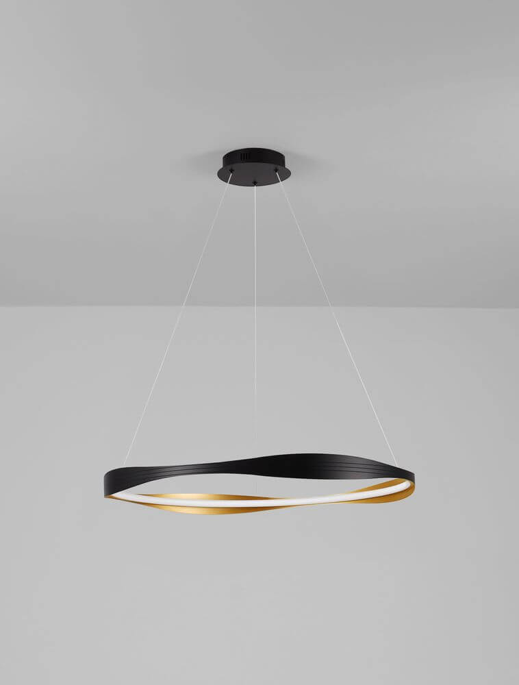 Dobi LED Pendelleuchte 2700, 5000K Schwarz, Gold in modernem Design über einem Essbereich.