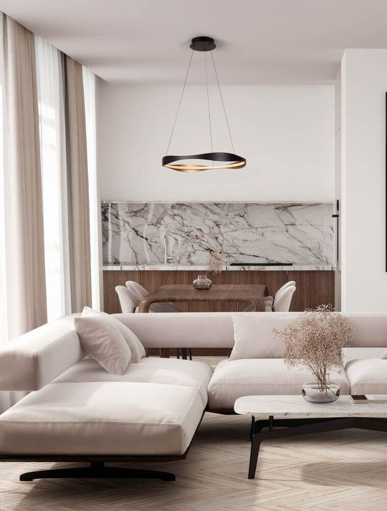 Dobi LED Pendelleuchte 2700, 5000K Schwarz, Gold in modernem Esszimmer mit eleganter Einrichtung