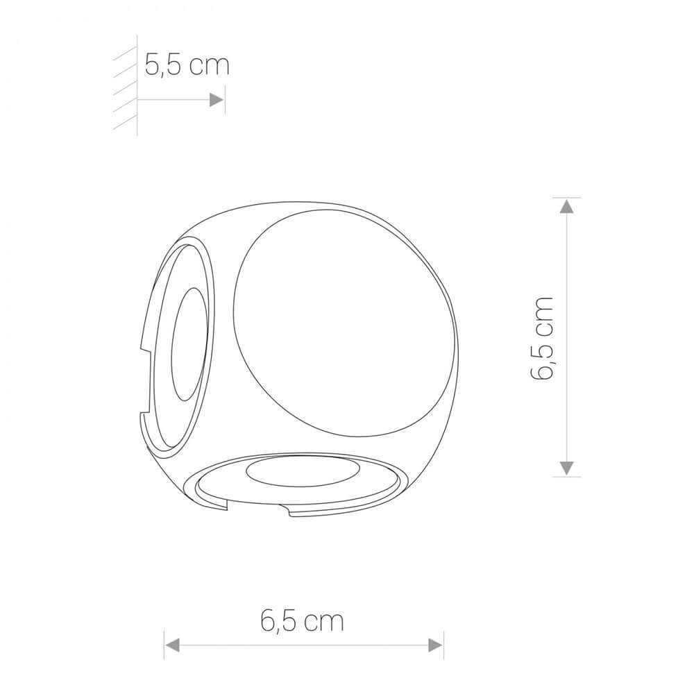 Patras LED Außen-Wandleuchte 4-flammig Schwarz IP54 Maßzeichnung mit einem Durchmesser von 6,5 cm und einer Höhe von 6,5 cm.