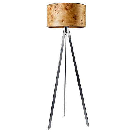 Trebent gulvlampe Atticus 150 cm poppelmønstret med rund skjerm i ekte trefinér og elegante metallføtter.