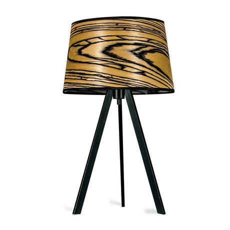 Dreibeintischlampe Attica 60cm White Ebony mit drei schwarzen Beinen und Holzmuster-Schatten.